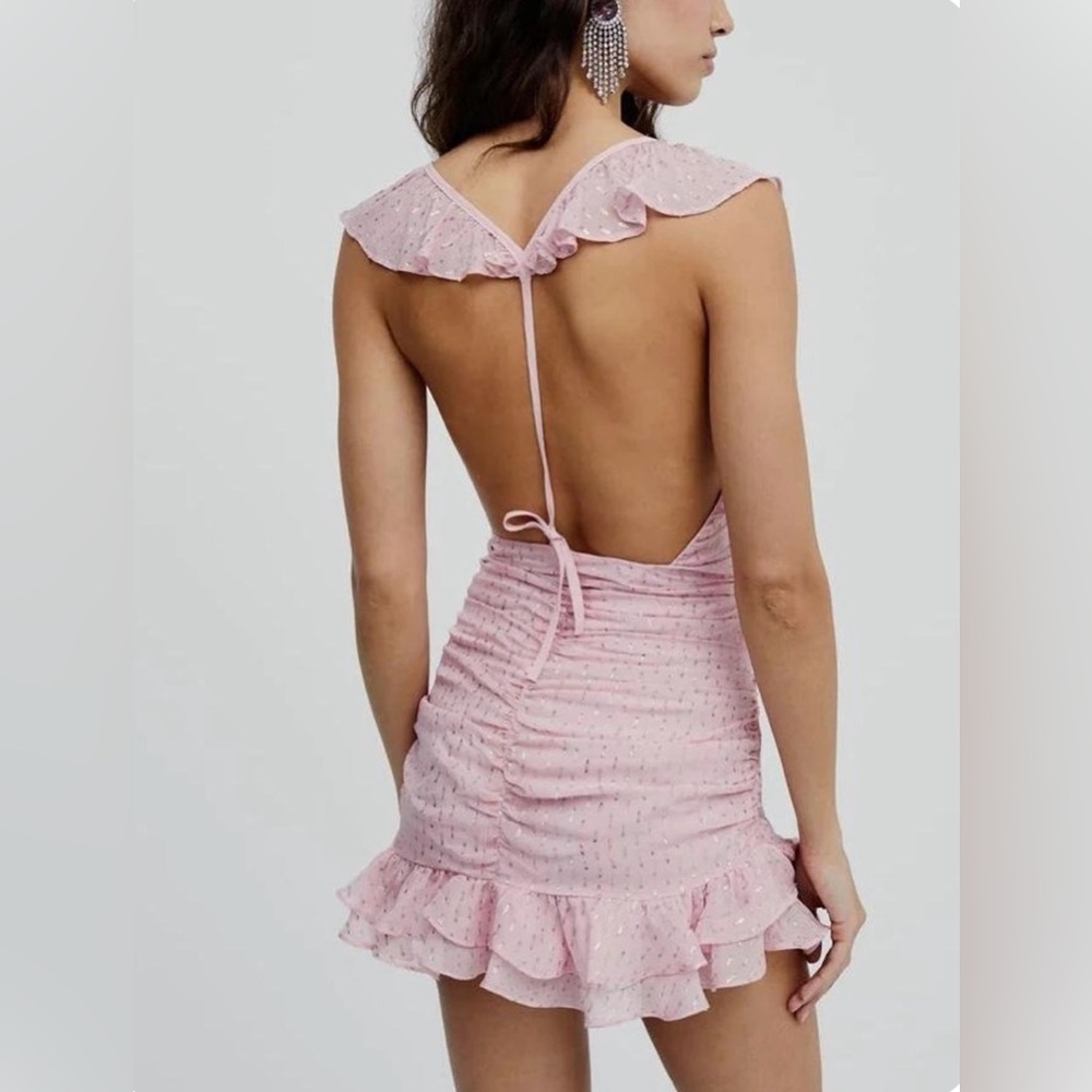 For Love And Lemons Chantal Ruffle Mini Dress in Pink and Gold Size Medium NWT - Picture 2 of 7